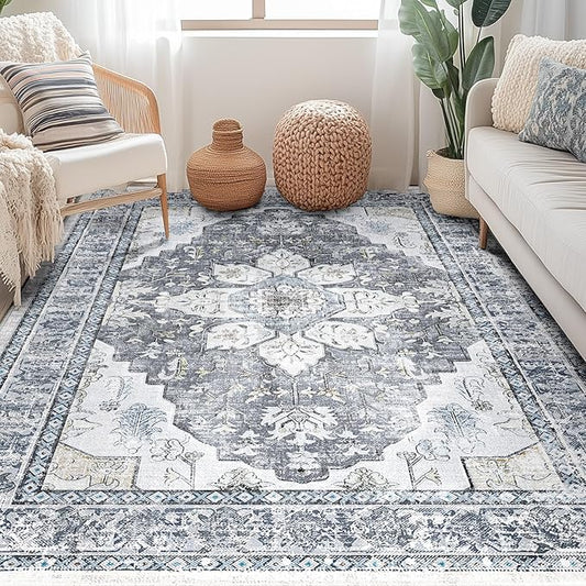 BESTSWEETIE 3x5 Area Rug Washable Rugs for Living Room, No Pile Boho Carpet for Entryway Bedroom Dinning Room, Vintage Carpet Print Distressed Non-Slip, 3 x 5 ft, Blue Grey White
