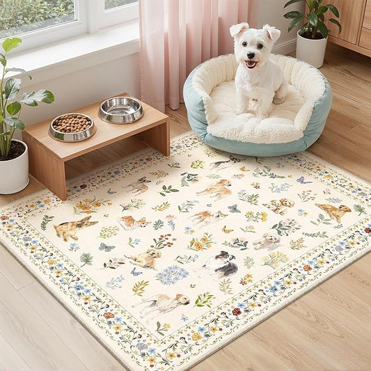 Soalmost 2x3 Dog Rugs for Entryway, Machine Washable Door Mat Animal Floral Small Area Rug Non-Slip Low Pile Soft Throw Rugs for Entrance Kitchen Indoor Front Door Kids Room (2 x 3,Beige)