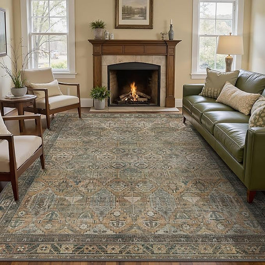 GENIMO 8x10 Area Rugs for Living Room, Machine Washable Non Slip Vintage Rugs, Low Pile Lightweight Chenille Print Rug for Bedroom, Dining Room, Home Office, WarmTaupe