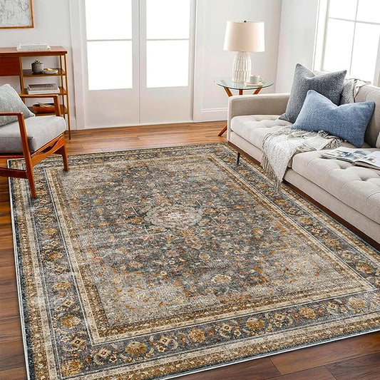 CHAMPLANT Washable Area Rug 4'x6' Traditional Floor Cover Foldable Thin Rugs Retro Kitchen Indoor Distressed Non Slip Carpet Floral Print Mat Bedroom Living Room