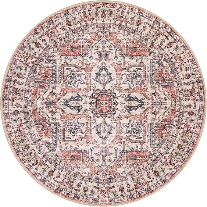 KOZYFLY Boho Round Rug 5 Ft Rugs for Entryway Washable Circle Rug Non Slip Doormat Printed Faux Wool Vintage Round Entryway Rug Floor Carpet Round for Entrance, Bedroom, Red Salmon/Pink/Navy