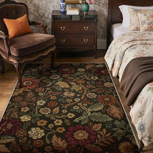 GENIMO 3X5 Washable Area Rugs for Living Room, Vintage Floral Print Non-Slip Low Pile Carpet, Stain Resistant Soft Chenille Rugs for Bedroom Dining Room Home Office, Floral Brown