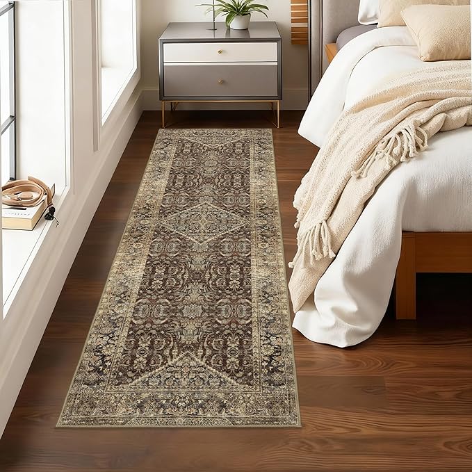 Non-Slip Runner Rugs for Hallway: 2x6 Washable Long Rug for Entryway Kitchen Bathroom Bedroom Indoor - Vintage Home Decor Mat Carpet - Oriental Dark Brown