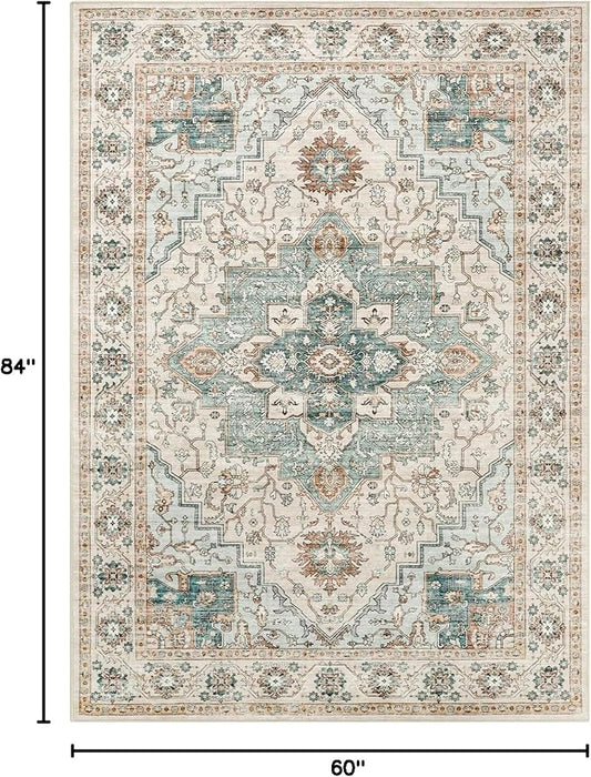 5x7 Area Rug for Living Room, Non Slip Vintage Machine Washable Rug, Foldable Stain Resistant Large Area Rugs for Bedroom, Soft Indoor Boho Carpet for Home Decor (Green/Beige, 5'x7')