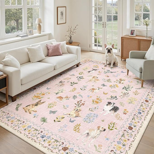 Soalmost Dog 5x7 Area Rugs for Living Room, Machine Washable Animal Floral Vintage Rug Non-Slip Low Pile Soft Throw Rugs for Kitchen Dining Room Bedroom Nursery Playroom (5 x 7,Pink)