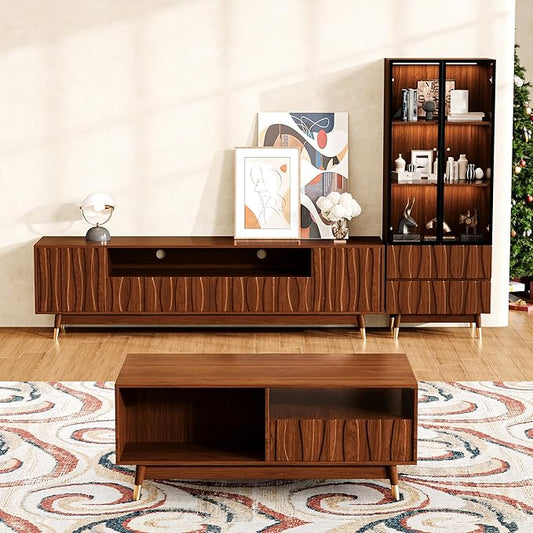 102" Walnut Finish Entertainment Center for 55/65/75 inch TV, Included 78.7'' TV Stand, Glass Display Cabinet and Coffee Table, 3-Piece Brown Mid Century Modern Wood Media Console for Living Room