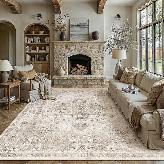PureCozy Taupe 6x9 Area Rug Washable Vintage Living Room Carpet Non Slip Retro Distressed Low Pile Soft Oriental Medallion Thin Large Throw Rug for Office Bedroom Dining Room Playroom