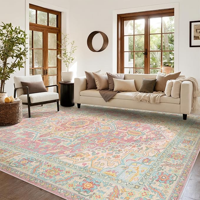 Kokia 6x9 Washable Area Rugs Blossom Pink with Vintage Orient Design Soft Rug for Living Room or Nursery Non-Slip Low Pile Stain Resistance Features Distressed Medallion Pattern