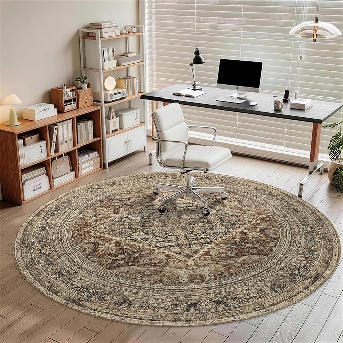 Large Round Rug 8ft: Vintage Round Area Rugs for Living Room Dining Room Bedroom Home Office - Soft Non-Slip Circle Carpet 8' - Oriental Dark Brown