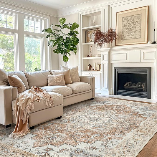 GENIMO 6x9 Area Rugs for Living Room, Machine Washable Non Slip Rugs, Low Pile Lightweight Vintage Print Rug for Bedroom, Dining Room, Home Office, Orange&Beige