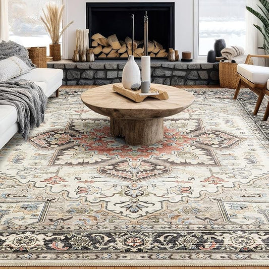Area Rug 9x12 for Living Room, Medallion Printed Ultra-Thin Soft Large Carpet, Oriental Non Slip Big Washable Fade Stain Resistant Rugs for Bedroom Dining Room Home Office Decor