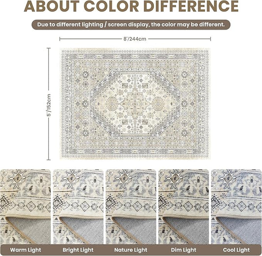 zesthome 5x8 Area Rugs - Ultra-Thin Washble Rug, Stain Resistant Anti Slip Backing Rugs for Living Room,Bedroom, Vintage Home Decor Area Rug (Beige,5'x8')