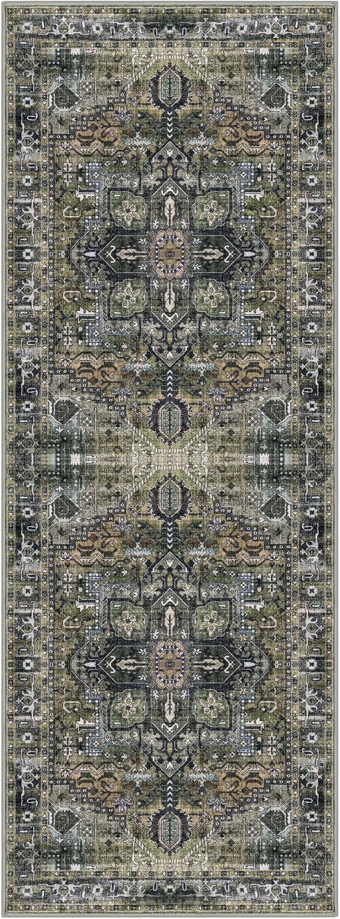 KOZYFLY Runners for Hallways 2x6 Ft Washable Kitchen Runner Rug Boho Runner Rug for Entryway Indoor Printed Oriental Faux Wool Floor Carpet Runner for Bedroom Kitchen Hall, Moss Green/Olive Grove