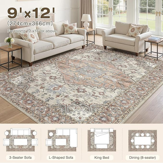 9x12 Washable Area Rugs for Living Room: Non Slip Vintage Brick Red Rug, Large Soft Stain Resistant Indoor Floor Carpets for Bedroom Dining Room Nursery Home Office Kid & Pet Friendly