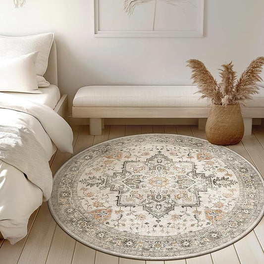GENIMO 7FT Round Area Rugs for Living Room, Circle Rugs Machine Washable Low Pile, Chenille Non Slip Vintage Rug for Bedroom, Dining Room, Home Office, Light Taupe Brown