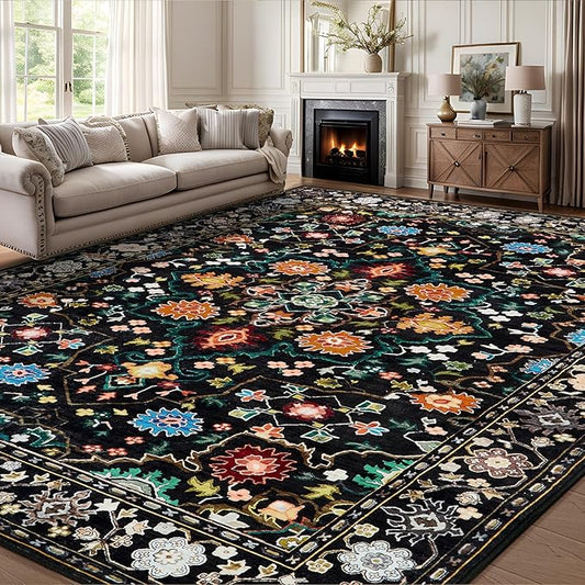 8x10 Area Rugs for Living Room, Machine Washable Vintage Rug, Non-Slip Low Pile Throw Rugs with Rubber Backing Washable Carpet for Bedroom Dining Room Kitchen Home Decor, Black