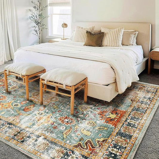 CHAMPLANT Area Rug 10'x14' Washable Vintage Traditional Mat Distressed Indoor Foldable Thin Retro Accent Floral Print Non Slip Carpet for Living Room Dining Room Office
