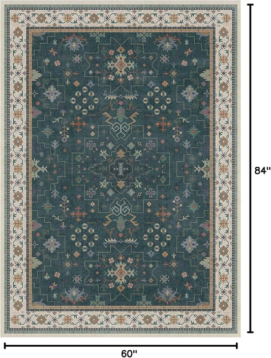 Hazo Haus Dark Green Oushak 5x7 Living Room Rug - Modern Vintage Boho Eclectic Floral Pastel, Washable Low Pile Non-Slip Large Area Rugs for Nursery Dining Under Table Bedroom Lounge