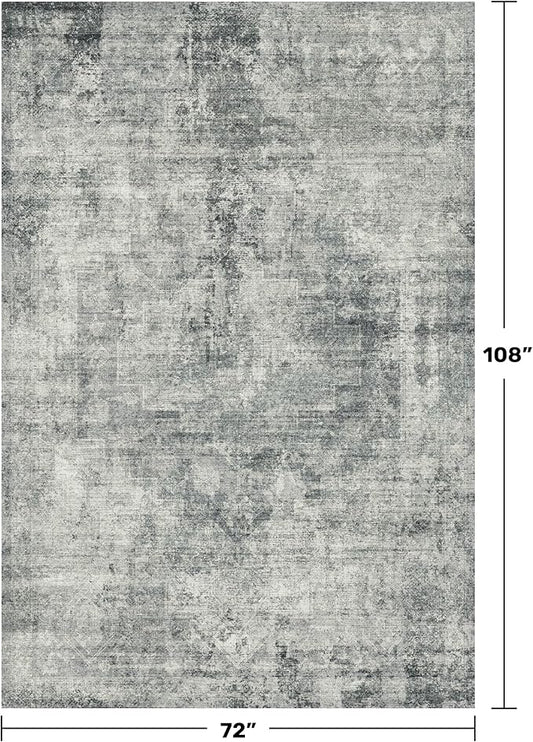 Hazo Haus Vintage Dark Blue Rugs for Living Room - 6x9 Distressed Print Pattern Large Area Rug for Bedroom, Dining Room Under Table, Thin & Soft Washable Slate and Gray Décor