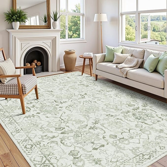 Deerly Sage Neutral Large Area Rug 9x12 for Living Room, Washable Rug for Dining Room Bedroom, Anti-Slip Low-Pile and Soft Accent Rug Farmhouse Office Home Decor Light Green