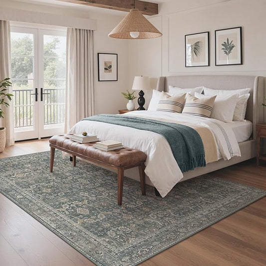 GENIMO 10x14 Area Rugs for Living Room, Machine Washable Non Slip Vintage Rugs, Low Pile Lightweight Chenille Print Rug for Bedroom, Dining Room, Home Office, Deep