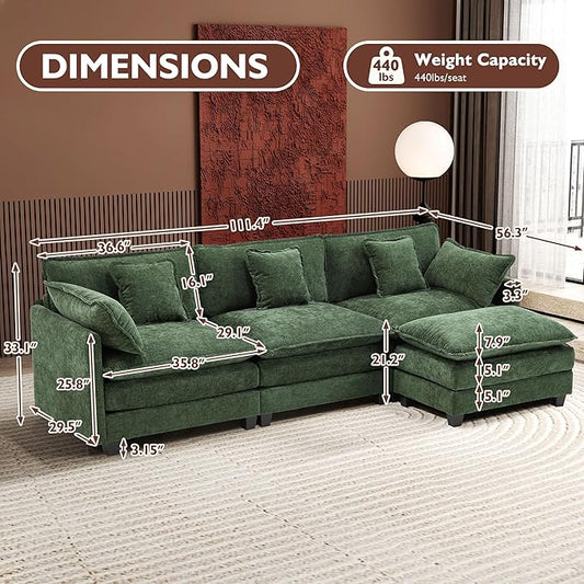 Ihanherry 111.4" L Shaped Modern Sofa Modular Sectional Cloud Couch with Ottoman, 4-Seat Chenille Deep Seat Sofa with Pillow for Living Room, Bedroom and Apartment, Green