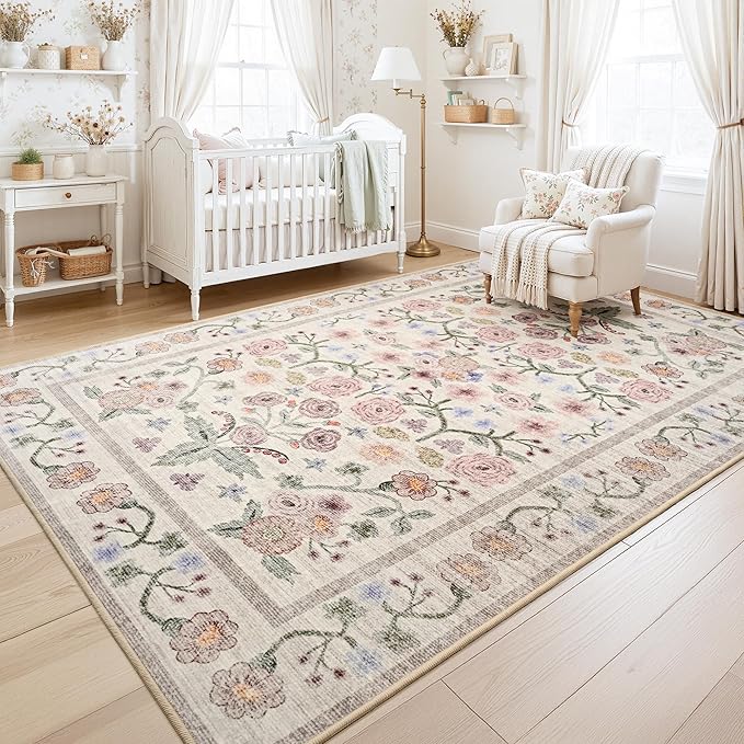 Maxsoft 4x6 Area Rugs for Living Room Bedroom, Floral Vintage Large Rug with Rubber Backing: Soft Non-Slip and Washable Low Pile Throw Carpet for Dining Room Kitchen Home Decor, Pink