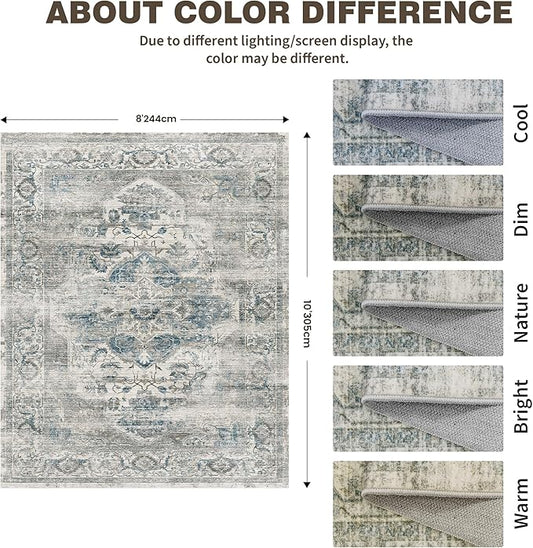 8x10 Area Rugs for Living Room, Machine Washable Non Slip Vintage Rug, Non-Slip Stain Resistant, Large Soft Home Decor Rug for Bedroom Dining Room (Blue/Grey,8'x10')