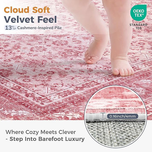 OPPODREAM Vintage Pink 3x6 Runner Rug, 3 x 6 Retro Washable Rug Non Slip, Low-Pile Faux Wool Carpet, Distressed Floor Mat for Kitchen, Hallway, Entry-Way, Entrance, Indoor Back Door