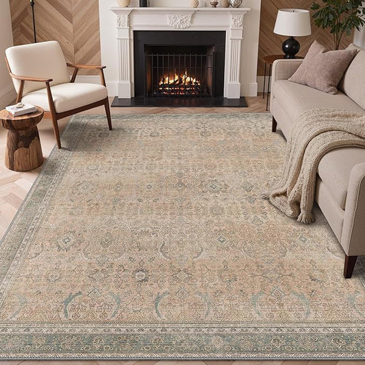 GENIMO 9x12 Area Rugs for Living Room, Machine Washable Non Slip Vintage Rugs, Low Pile Lightweight Chenille Print Rug for Bedroom, Dining Room, Home Office, Oatmeal Beige