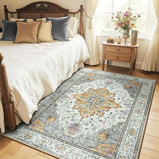 RELEANY Area Rugs 4'x6' Washable Non-Slip, Floral Vintage Distress Print Pattern Medallion Carpet for Living Room Bedroom Dining Room, Light Yellow Carbon Grey Orange