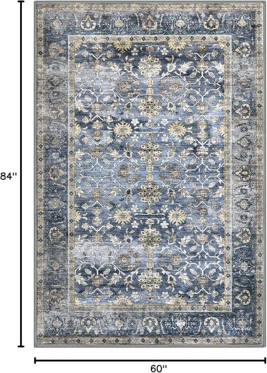 KUTA Vintage 5x7 Area Rugs Blue Grey Beige, Washable Rugs for Living Room Ultra Thin Soft Non-Slip Printed Distressed Tribal Traditional Farmhouse Carpet for Bedroom Dining Room Dorm Office Home