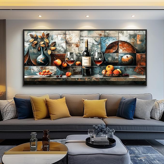 hyidecorart Large Framed Wall Art for Kitchen Vintage Wall Decor For Living Room Dining Room Decorations Modern Pictures Still Life Wine Glass Fruit Canvas Prints Painting Artwork Home Decor 32x72 In