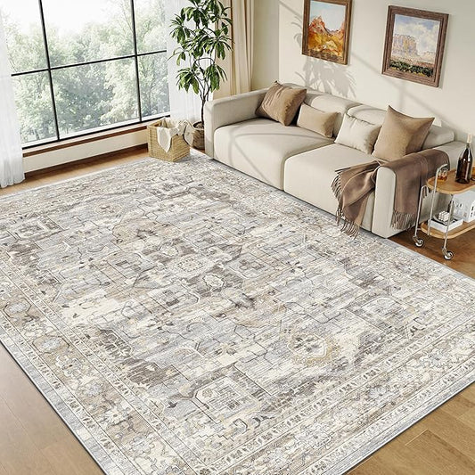 10x14 Living Room Rug - Large Washable Non Slip Vintage Rugs Low Pile Stain Resistant Distressed Carpet for Bedroom Dining Room Home Office 10'x14' Beige/Brown