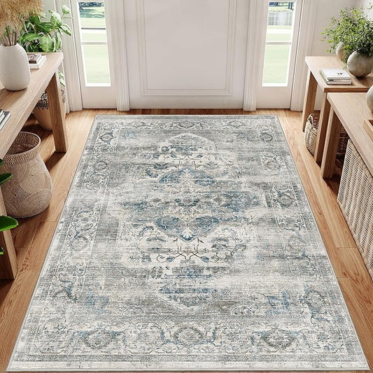 4x6 Area Rugs for Living Room, Machine Washable Non Slip Vintage Rug, Non-Slip Stain Resistant, Large Soft Home Decor Rug for Bedroom Dining Room (Blue/Grey,4'x6')