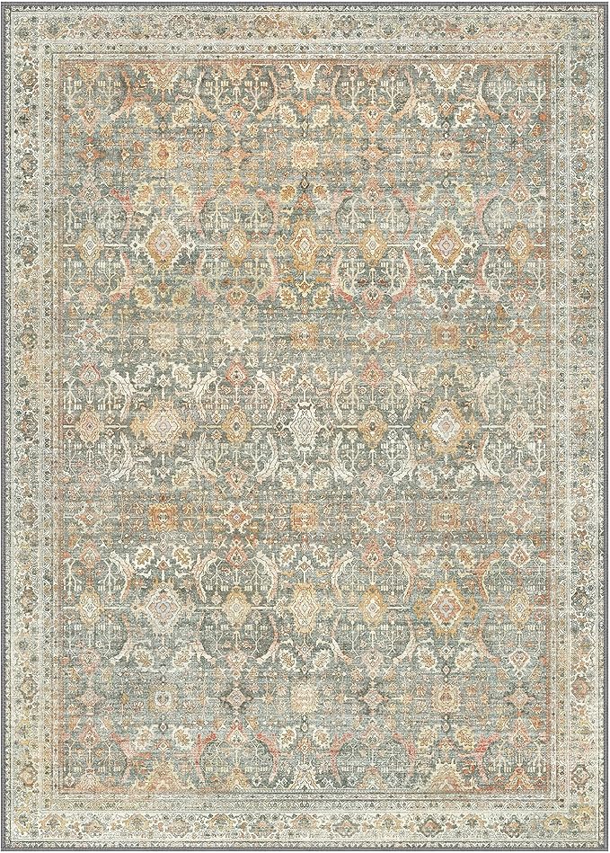 GENIMO 9x12 Area Rugs for Living Room, Machine Washable Non Slip Vintage Rugs, Low Pile Lightweight Chenille Print Rug for Bedroom, Dining Room, Home Office, Turmeric