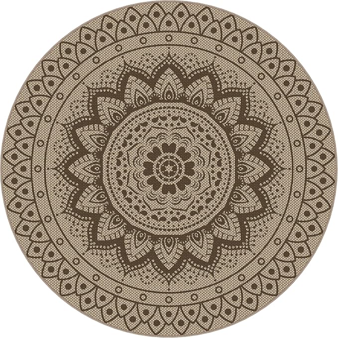 Easy Jute Outdoor Round Rug, 6ft Washable Indoor Outdoor Patio Rug, Brown Non Slip Round Area Rug Farmhouse, Boho Carpet for Backyard Patio