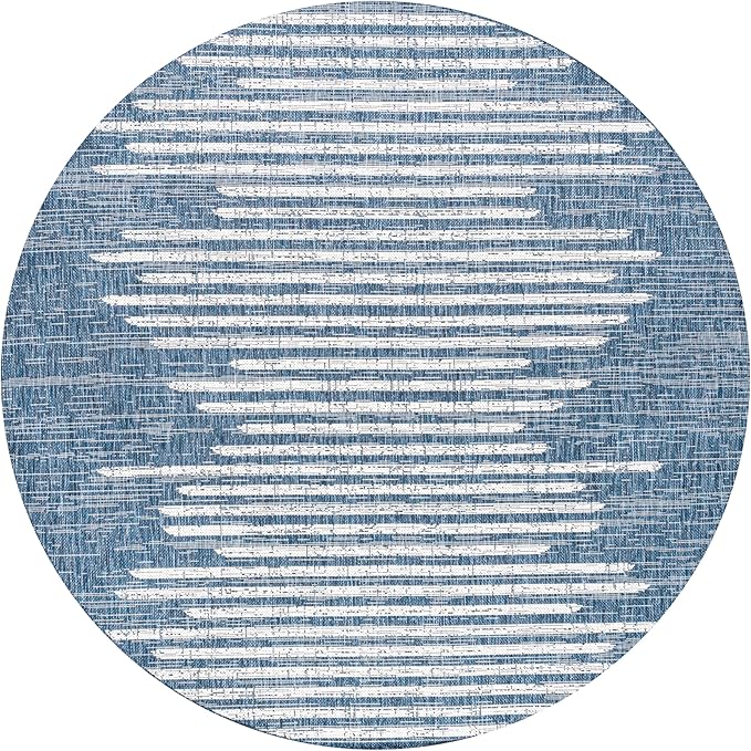 JONATHAN Y Stripe Geometric Indoor Outdoor Round Area Rug 8 Ft Blue/Ivory, Zolak Berber for Backyard, Patio, Porch, Easy-Cleaning, High Traffic, Pet-Friendly, Non-Shedding (SMB124C-8R)