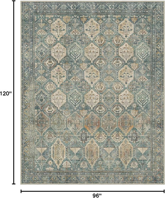 Bavni Washable Rug 8x10 Area Rug for Living Room Bedroom Dining, Washable Vintage Print Carpet, Ultra-Thin Low Pile Lightweight Rug with Non Slip Backing, Teal