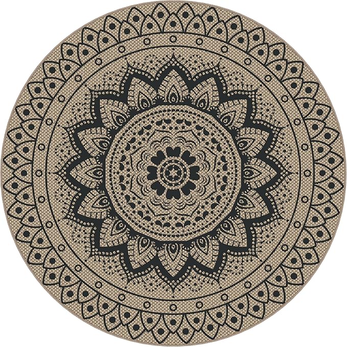 Easy Jute Outdoor Round Rug, 5ft Washable Indoor Outdoor Patio Rug, Black Non Slip Round Area Rug Farmhouse, Boho Carpet for Backyard Patio