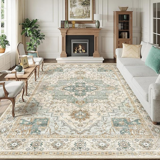 9x12 Area Rugs for Living Room, Machine Washable Non Slip Vintage Rug, Non-Slip Stain Resistant, Large Soft Home Decor Rug for Bedroom Dining Room (Green/Beige 9'x12')