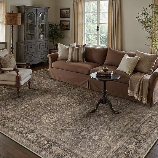 10x12 Washable Area Rug for Living Room Bedroom Vintage Brown Non Slip Carpet Traditional Retro Soft Low Pile Large Throw Rug for Dining Room Kitchen Office Indoor
