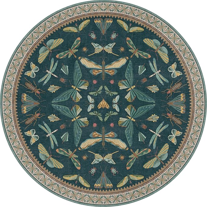 Washable Teal Round Rug 6ft, Non Slip Boho Carpet for Entryway, Living Room & Kitchen, Vintage Insect Floral Design, Stain Resistant Low Pile