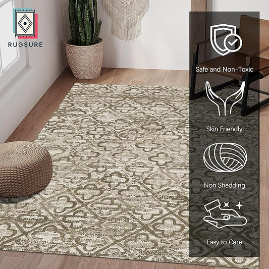 RUGSURE Washable Area Rugs, 3' x 5 ' - 1/6 Thick - Stain & Water Resistant Non-Slip - Perfect Resistant Rug for Living Room, Bedroom, Nursery, Pet & Child Friendly, Vibrant Colors Rugs, Brown