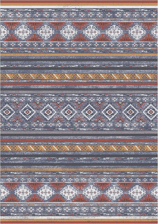 RUGSURE Washable Area Rugs 8' x 10' - 1/6 Thick - Moroccan-Inspired -Stain & Water Resistant Non-Slip - Resistant Rug for Living Room, Bedroom, Nursery, Pet & Child Friendly (Blue and Red)