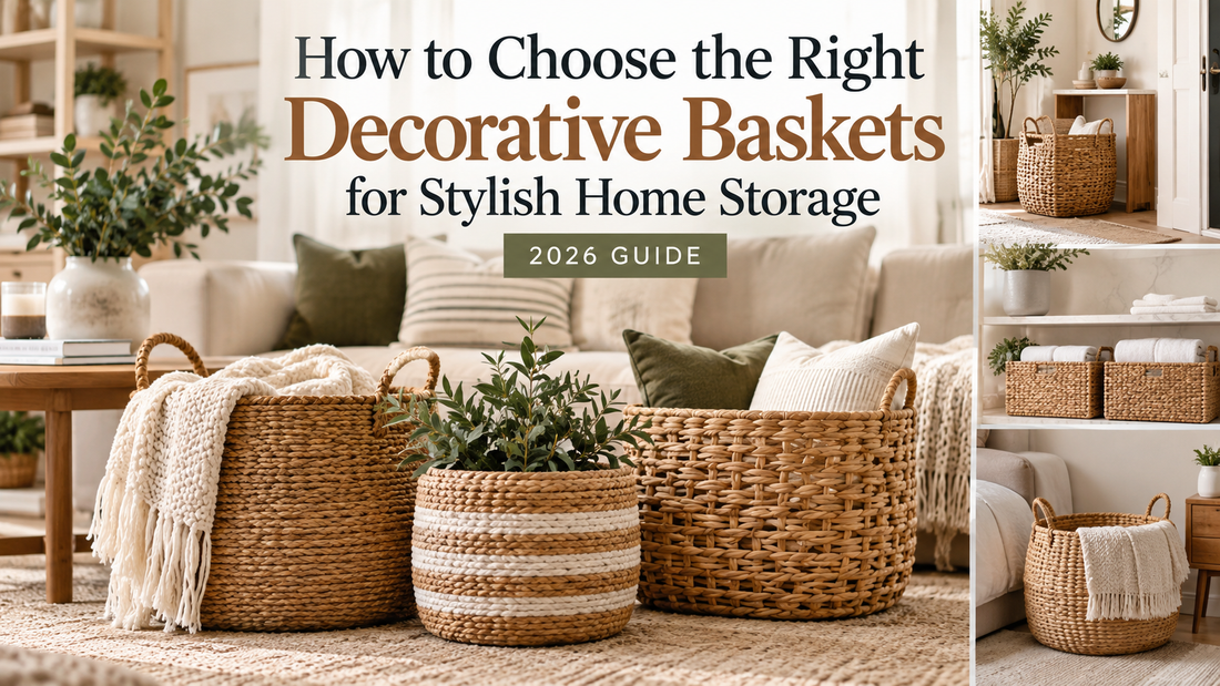 Stylish decorative woven storage baskets in a modern living room with blankets, pillows and organized home decor storage