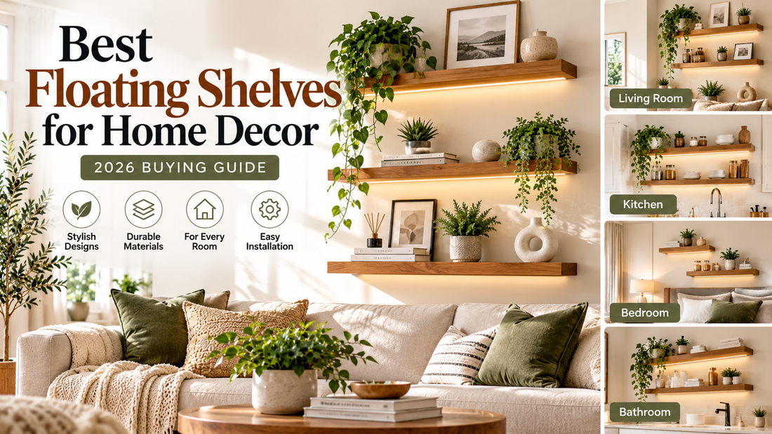 Modern living room featuring decorative floating wall shelves with wooden finishes, stylish vases, books, small plants and minimalist home decor accessories