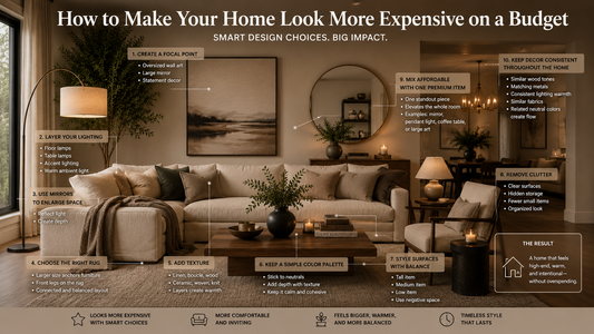 Modern luxury-inspired living room with layered lighting, oversized wall decor, textured rug, and neutral interior styling