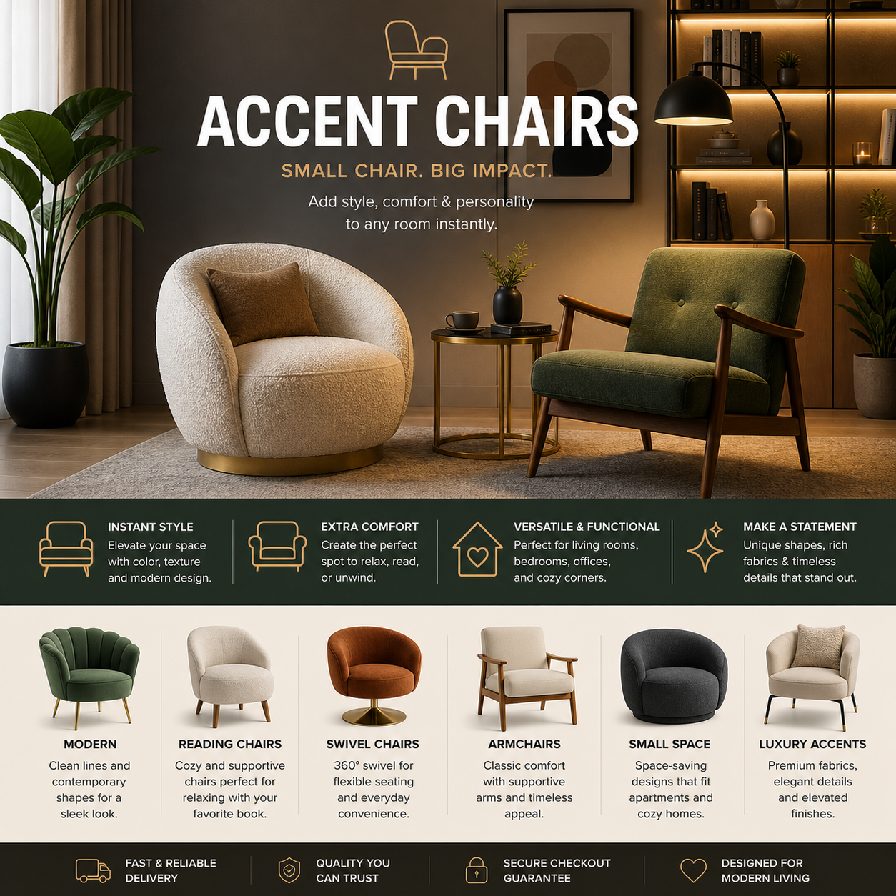 Accent chairs and stylish living room armchairs for bedroom, reading corner, office, apartment, lounge space, and modern home decor styling.