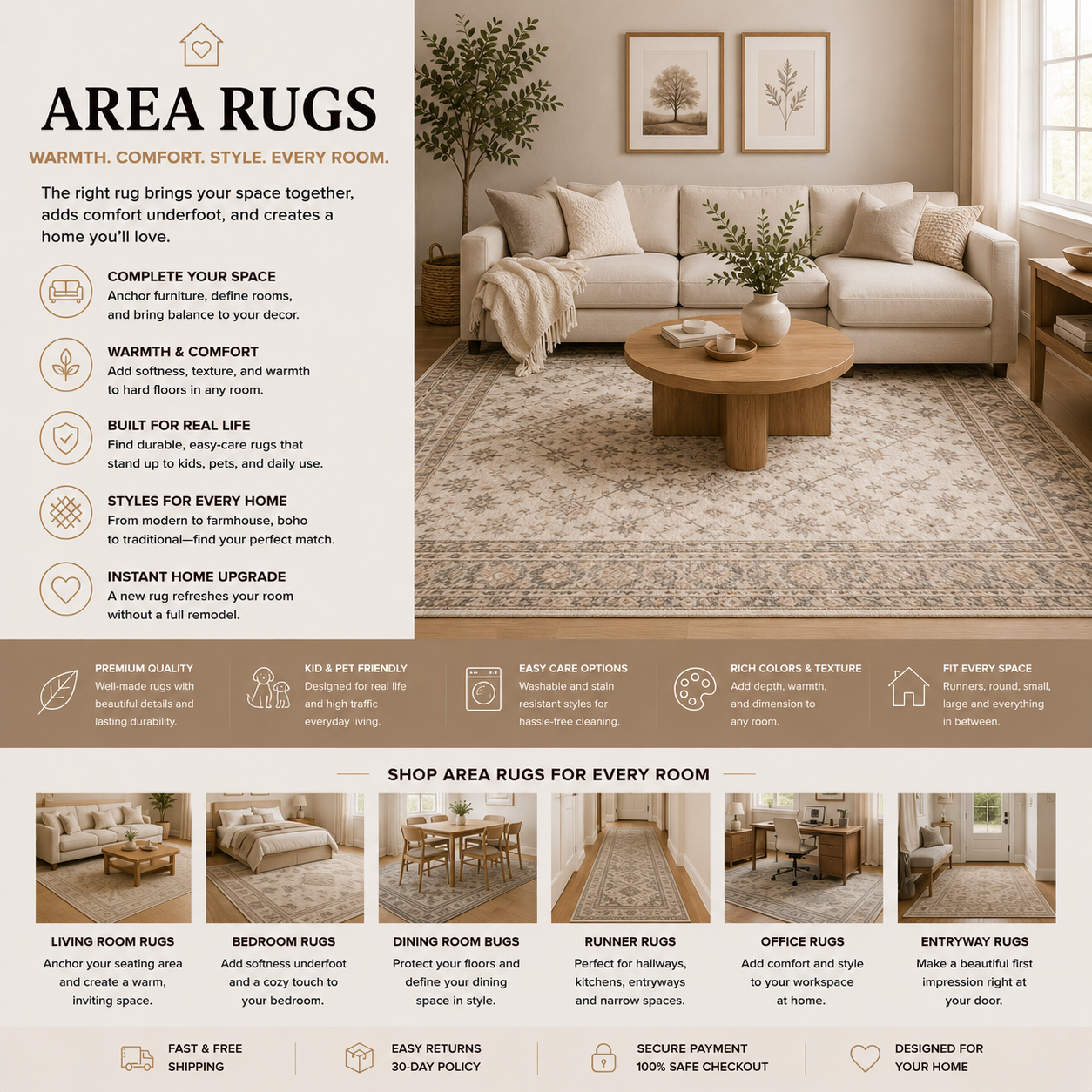 Area rugs for living room, bedroom, dining room, entryway, apartment, and modern home decor with washable rugs, large neutral rugs, boho rugs, farmhouse rugs, runner rugs, woven textures, and warm cozy floor styling.